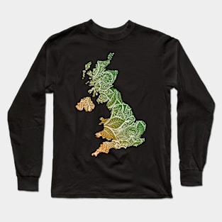 Colorful mandala art map of United Kingdom with text in green and orange Long Sleeve T-Shirt